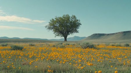A captivating spring landscape featuring a solitary tree amidst a vibrant field of yellow flowers under a clear blue sky, showcasing nature's beauty.の素材