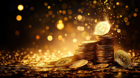 A captivating image of stacked Bitcoin coins surrounded by shimmering bokeh lights, symbolizing wealth, investment, and the digital currency revolution.の素材