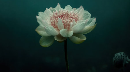A stunning water lily blooms softly in a calm aquatic setting. The delicate pink and white petals create a tranquil atmosphere, perfect for nature lovers.の素材