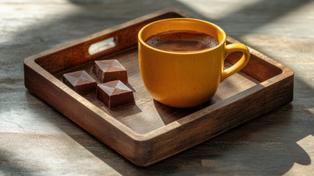 A cozy yellow cup filled with rich coffee sits alongside dark chocolate pieces on a wooden tray, bathed in soft morning light, creating a warm, inviting atmosphere.の素材