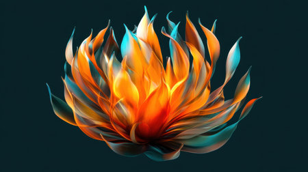 This stunning abstract artwork features a vibrant flower-like form, combining fiery colors and flowing shapes in a captivating display of beauty and energy.の素材