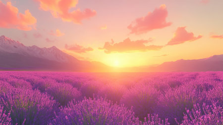 Explore a breathtaking lavender field at sunset, showcasing vibrant purple hues beneath a dreamy sky. Majestic mountains complete this serene landscape.の素材