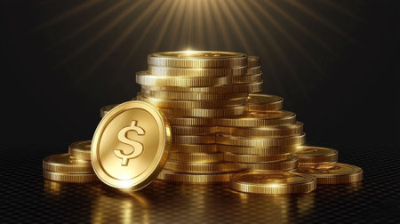 A striking visual of a stacked pile of gold coins, reflecting light against a dark background, symbolizing wealth, investment, and economic prosperity.の素材