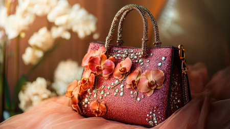A stunning pink handbag featuring exquisite floral designs and sparkling embellishments rests elegantly on luxurious fabric, highlighting fashionable artistry.の素材