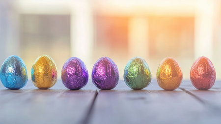 Vibrant foil-wrapped Easter eggs arranged neatly on a wooden surface, perfect for spring celebrations and adding festive joy to any dの素材