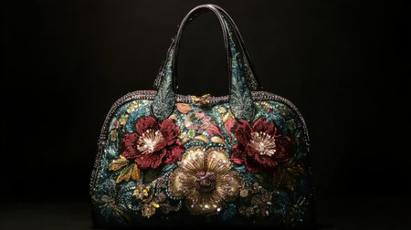 This exquisite handbag features intricate floral embroidery with vibrant colors and intricate detailing, making it a perfect statement accessory for any occasion.の素材