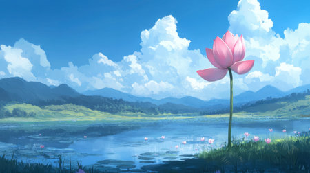 A stunning depiction of a pink lotus flower standing tall in a serene lake, surrounded by majestic mountains and bright blue skies. Ideal for nature lovers.の素材