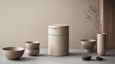 A beautifully styled arrangement of soft beige kitchenware and decorative vases, showcasing minimalist design principles in a warm and inviting interior space.の素材