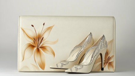 This image features elegant cream heels adorned with a floral design, accompanied by a matching handbag, showcasing sophisticated fashion and style.の素材