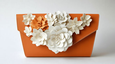 This stunning orange clutch features meticulously crafted floral decorations, making it a perfect accessory for fashion enthusiasts and special occasions.の素材