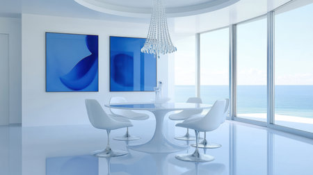 A stylish modern dining room features a white table and chairs, illuminated by a stunning chandelier, with a captivating ocean view and blue artwork.の素材