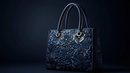 This stunning handbag features an exquisite embossed floral design against a deep blue background. Ideal for fashion marketing and accessory showcases.の素材