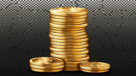 A visually striking stack of glossy gold coins against a transparent background, suitable for concepts related to finance, investment, and wealth accumulation.の素材