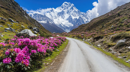 A picturesque view of a scenic road lined with vibrant pink flowers, leading to a majestic mountain range under a bright blue sky, evoking serenity.の素材