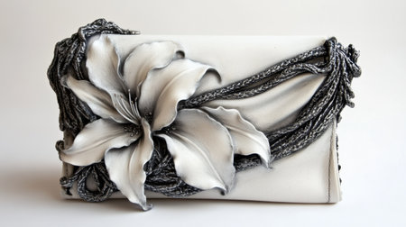 A beautifully crafted clutch featuring an elegant floral design, perfect for special occasions or fashionable outings. The intricate detailing adds a unique touch.の素材