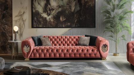 A stunning vintage-inspired sofa adds charm to an elegant living room, adorned with cushions, art, and greenery, creating a warm inviting atmosphere.の素材