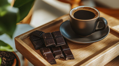 A beautiful arrangement of dark chocolate bars and a steaming cup of coffee on a wooden tray. Perfect for cozy moments filled with warmth and indulgence.の素材