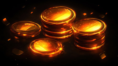 A stunning visual of glowing gold coins stacked beautifully, surrounded by shimmering light against a dark backdrop. Perfect for finance themes.の素材