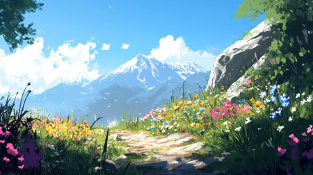 A breathtaking view of a pathway surrounded by vibrant wildflowers, leading towards majestic snow-capped mountains under a clear blue sky. Perfect for outdoor enthusiasts.の素材