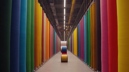 This image captures a vivid aisle of colorful fabric rolls in a textile warehouse, showcasing a spectrum of hues and patterns ideal for fashion design.の素材