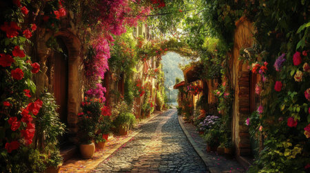 This captivating scene features a charming cobblestone pathway adorned with vibrant flowers, creating a tranquil and picturesque atmosphere for viewers.の素材