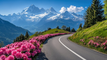 A stunning landscape featuring a winding road lined with vibrant pink flowers, set against a majestic backdrop of snow-capped mountains under a clear blue sky.の素材