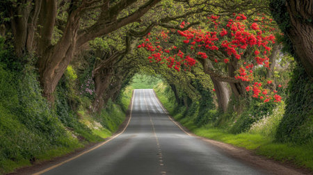 A breathtaking view of a winding road surrounded by towering green trees, adorned with striking red flowers, creating a peaceful and inviting atmosphere.の素材