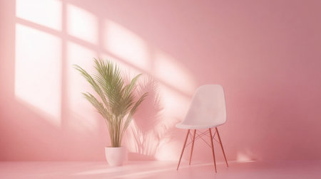 This serene interior scene showcases a minimalist white chair next to a lush green plant against a soft pink wall, illuminated by gentle natural light.の素材