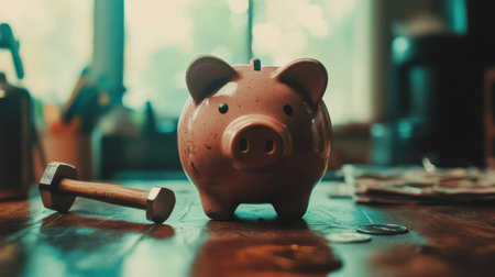 A charming pink piggy bank sits on a rustic wooden table beside a small dumbbell and scattered coins, emphasizing the balance between financial health and fitness in a cozy indoor setting.の素材
