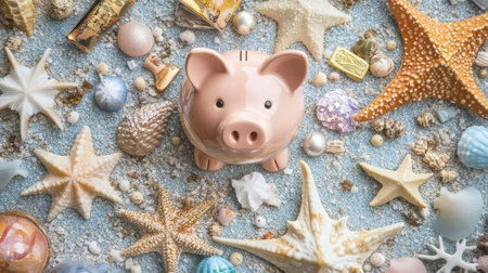 A delightful beach-themed scene featuring a piggy bank amidst an assortment of colorful seashells and starfish, evoking feelings of summer and savings.の素材