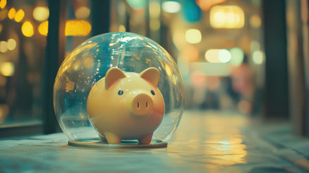 A cheerful yellow piggy bank sits under a clear glass dome, symbolizing the importance of saving money and financial protection in an urban atmosphere.の素材