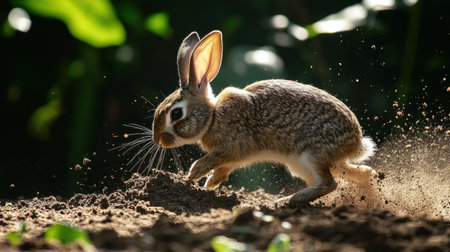 A vibrant close-up captures a playful rabbit energetically digging in soft earth amidst lush green foliage. The bright sunlight enhances the scene's beauty.の素材