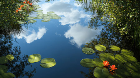A tranquil scene showcasing a calm pond, where vibrant water lilies float gracefully on the surface, reflecting the blue sky and fluffy clouds above.の素材