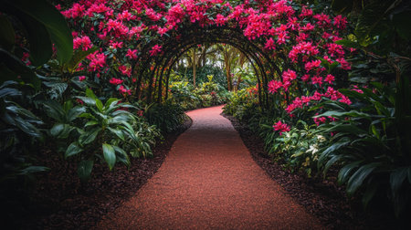 A captivating garden pathway surrounded by vibrant pink flowers and lush greenery, inviting peaceful strolls through nature's beauty.の素材