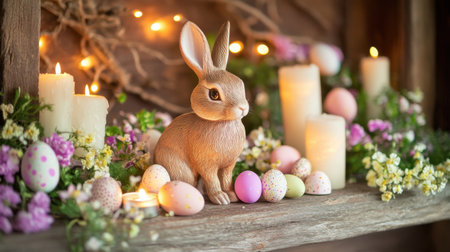 Delightful scene featuring a charming bunny figurine amidst pastel Easter eggs, soft candles, and blooming flowers on a rustic wooden shelf. Perfect for spring themes.の素材