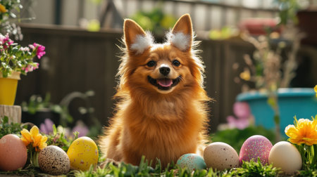 A joyful Pomeranian dog poses in a colorful outdoor garden, surrounded by Easter eggs and vibrant flowers, capturing the essence of springtime happiness.の素材