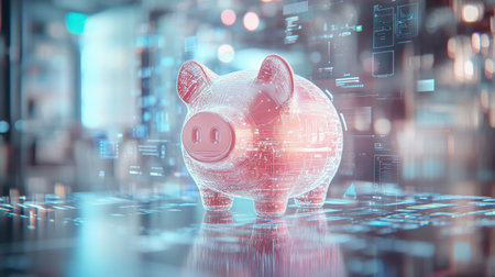 This image features a futuristic piggy bank with digital elements symbolizing savings and financial growth, set against a high-tech background.の素材