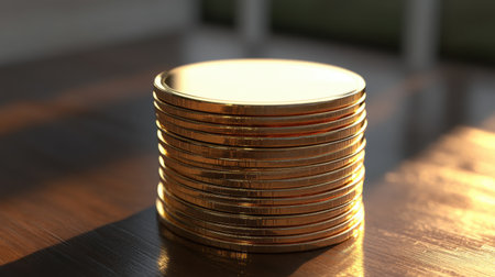 A visually captivating arrangement of stacked gold coins reflecting light on a wooden surface, symbolizing wealth and prosperity in a warm atmosphere.の素材