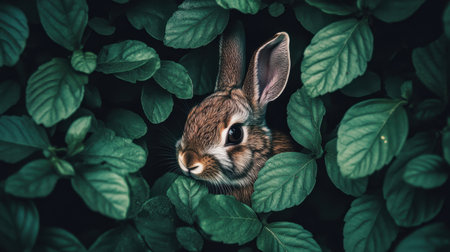 This captivating image showcases a cute rabbit peeking through vibrant green leaves in a lush forest. Perfect for nature enthusiasts.の素材