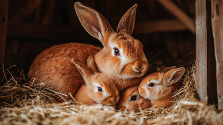 A heartwarming scene showcasing a family of brown rabbits nestled together in a cozy straw hutch, symbolizing warmth and nurturing in nature.の素材