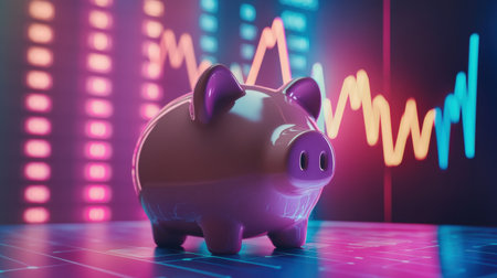 A vibrant piggy bank stands against a backdrop of digital financial data and stock market trends, symbolizing savings and investment growth.の素材