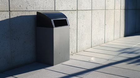 A sleek black trash bin placed beside a textured concrete wall. Sunlight casts shadows on the ground, reflecting urban design and cleanliness.の素材