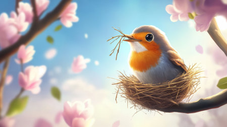 A charming scene of a colorful bird collecting twigs for its nest, surrounded by delicate blooming flowers. This serene image captures the essence of spring and natureの素材