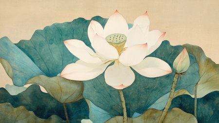 A stunning depiction of a water lily in full bloom surrounded by lush green leaves, embodying tranquility and natureの素材