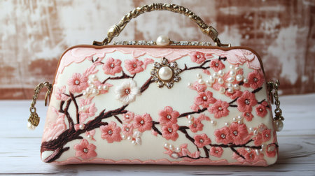 Discover a stunning handbag adorned with exquisite cherry blossom embroidery and pearl accents, perfect for fashion lovers seeking elegance and charm.の素材