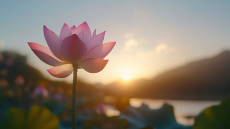 A stunning lotus flower blooms gracefully during sunrise, embodying tranquility and grace by the calm water, perfect for capturing nature's beauty.の素材