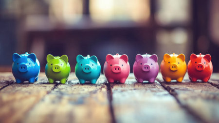 A vibrant display of colorful piggy banks arranged in a row on a rustic wooden surface, symbolizing savings and financial planning for all ages.の素材