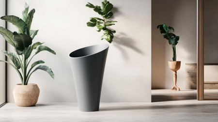 This modern minimalist planter stands tall in a sophisticated interior, surrounded by lush green plants. The calming aesthetic enhances any living space.の素材