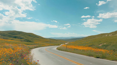 A picturesque winding road meanders through vibrant wildflower fields, showcasing a stunning landscape under a clear blue sky dotted with clouds.の素材