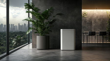 A striking modern interior featuring minimalist white furniture paired with lush greenery, creating an inviting urban atmosphere. The large windows offer a breathtaking city view, blending indoor comfort with outdoor beauty.の素材